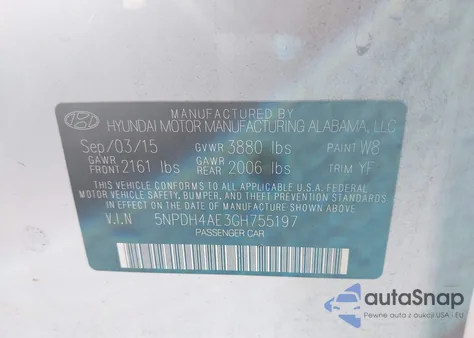 2016 Hyundai Elantra Se/Sport/Limited z USA, uszkodzony, nr VIN 5NPDH4AE3GH755197